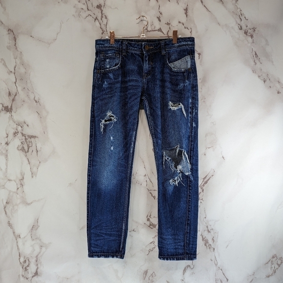 Zara Jean Women 4 Blue Boyfriend Denim Distressed Medium Wash Patchwork Railroad - Picture 1 of 11